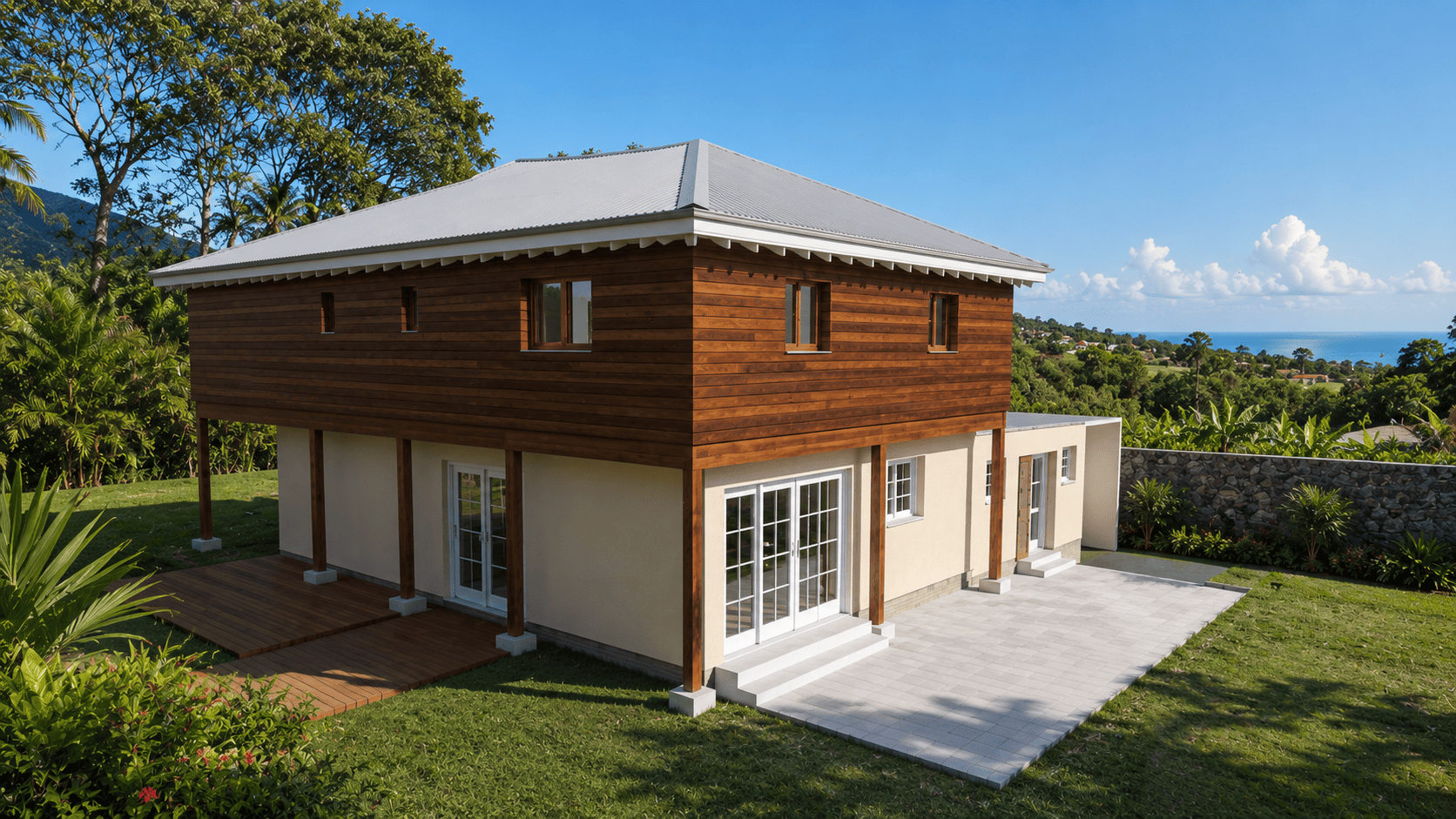 Surélévation en bardage bois d'une maison avec vue sur l'océan